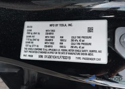 2020 Tesla Model 3 Standard Range Plus Rear-Wheel Drive/Standard Range Rear-Wheel Drive from USA, damaged, VIN 5YJ3E1EA1LF793319